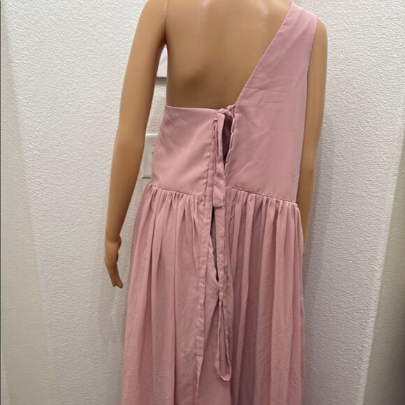 Pink Asymmetrical Off One Shoulder Gown Sleeveless Silky Adjustable Tie Back - Picture 8 of 15